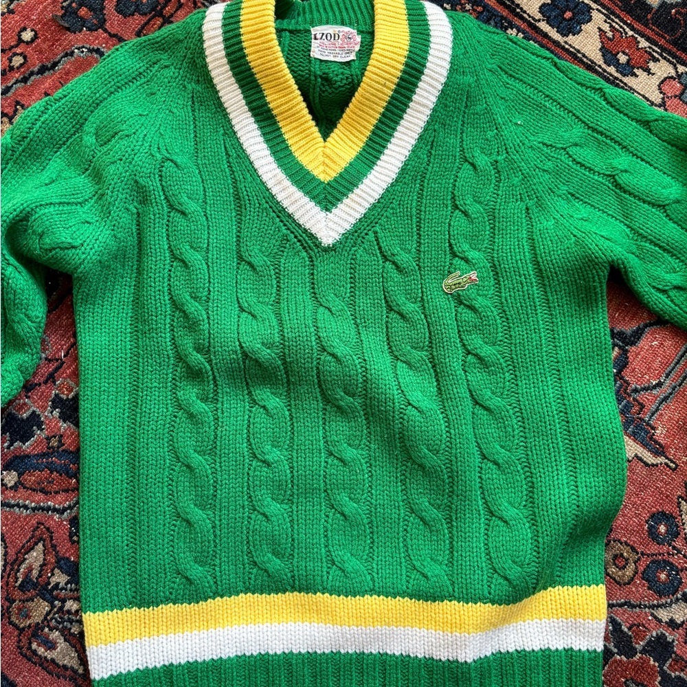 Lacoste Green V-Neck Cable Knit Sweater with Yellow & White Trim
